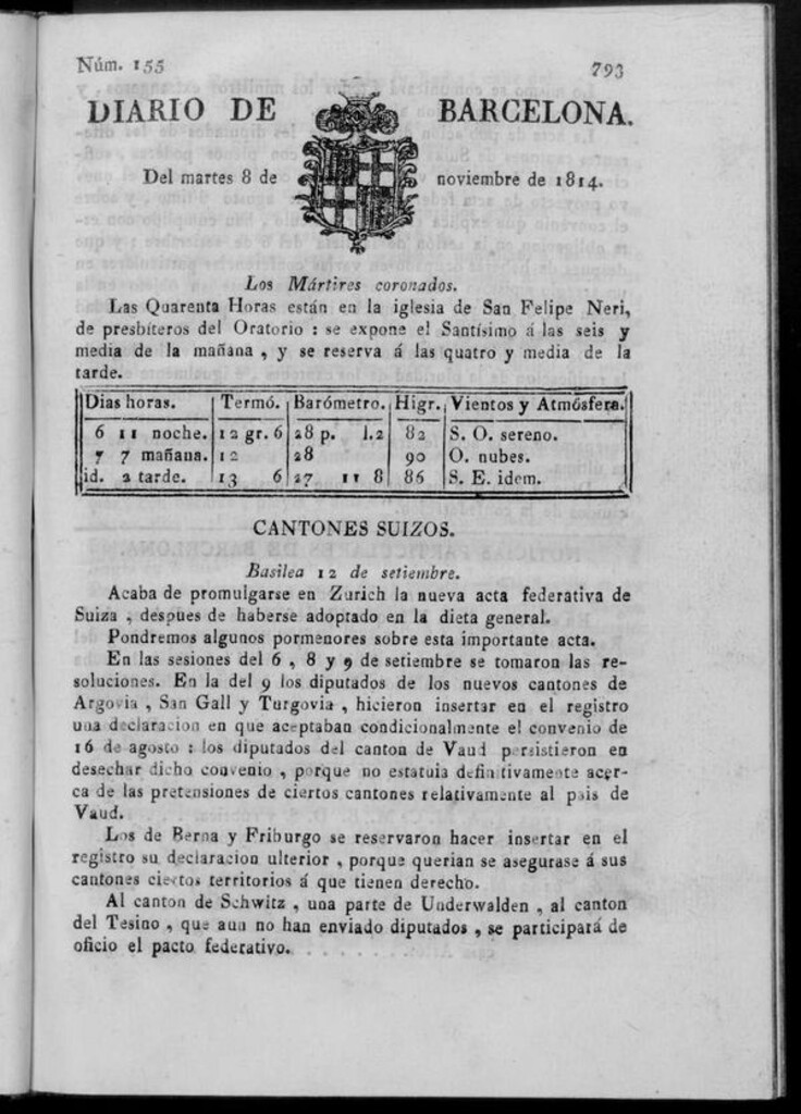Miniatura de Diario de Barcelona del martes 8 de noviembre de 1814