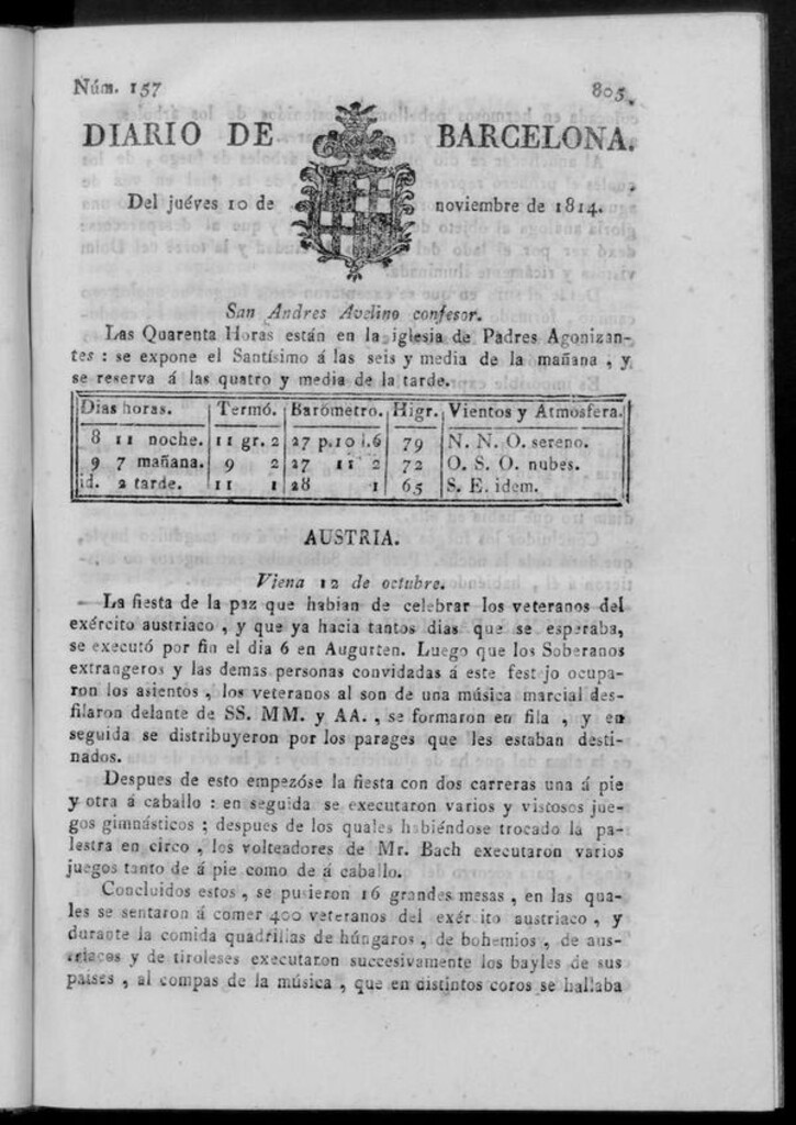 Miniatura de Diario de Barcelona del jueves 10 de noviembre de 1814
