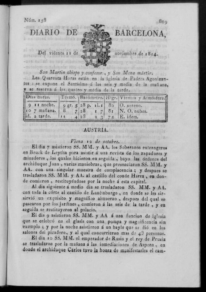 Miniatura de Diario de Barcelona del viernes 11 de noviembre de 1814