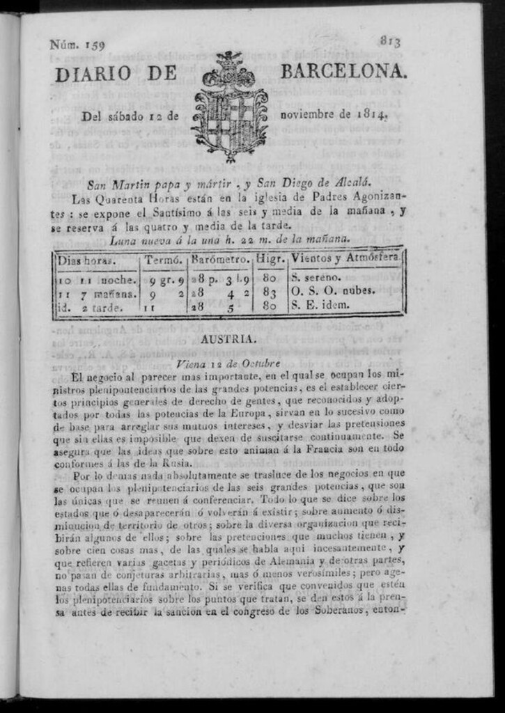 Miniatura de Diario de Barcelona del sábado 12 de noviembre de 1814