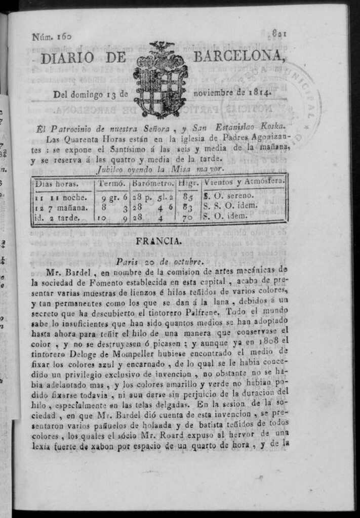 Miniatura de Diario de Barcelona del domingo 13 de noviembre de 1814