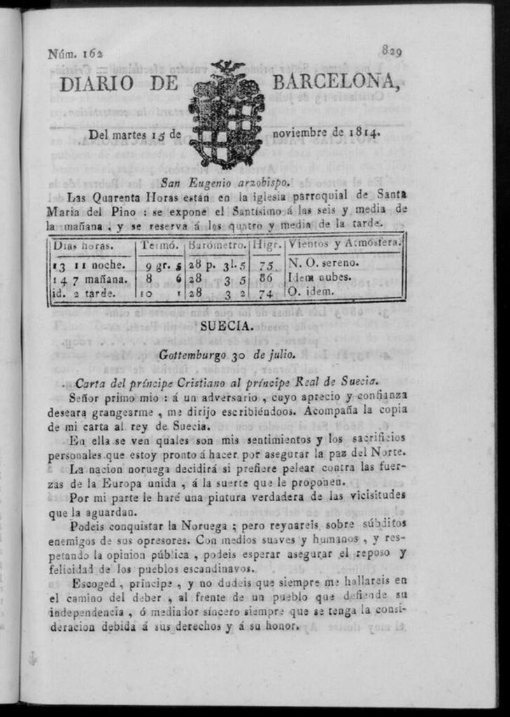 Miniatura de Diario de Barcelona del martes 15 de noviembre de 1814