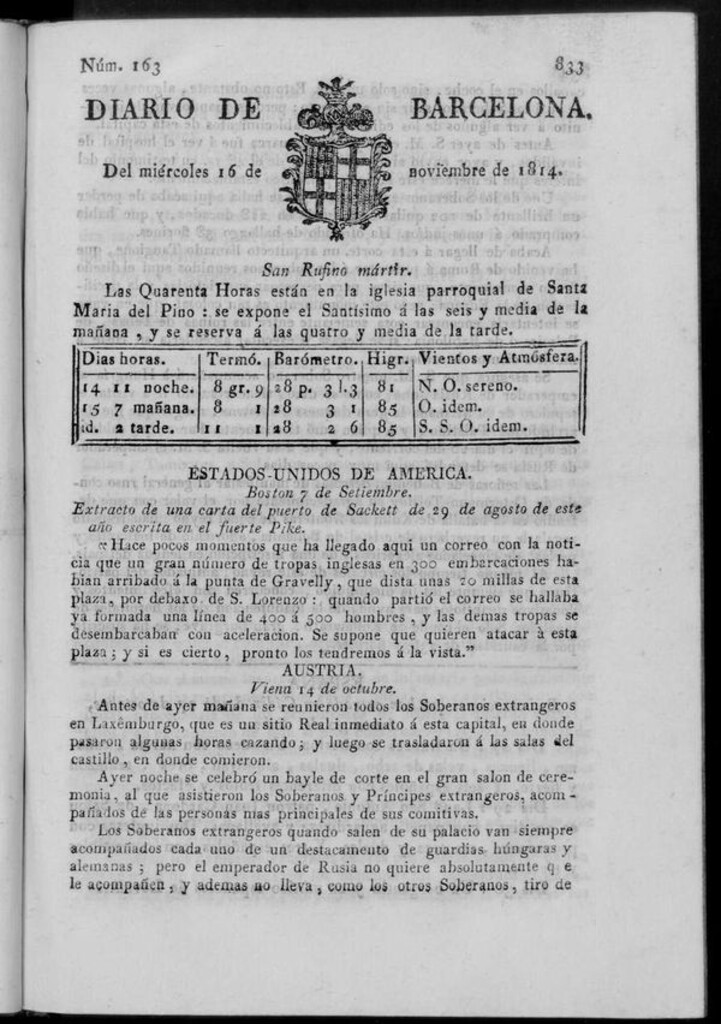 Miniatura de Diario de Barcelona del miércoles 16 de noviembre de 1814