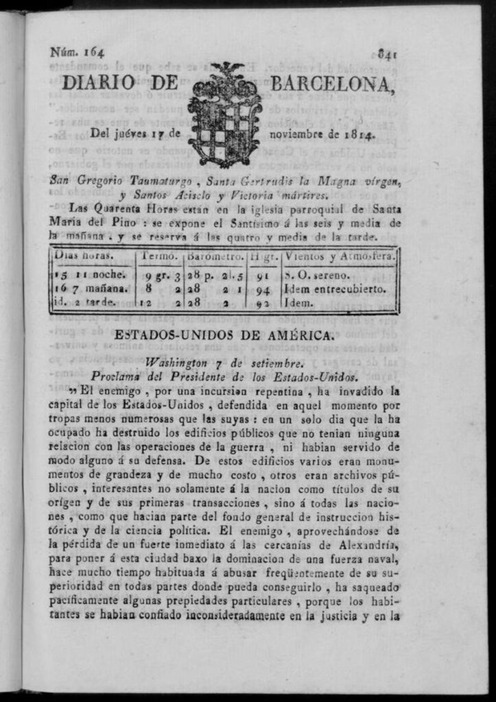 Miniatura de Diario de Barcelona del jueves 17 de noviembre de 1814