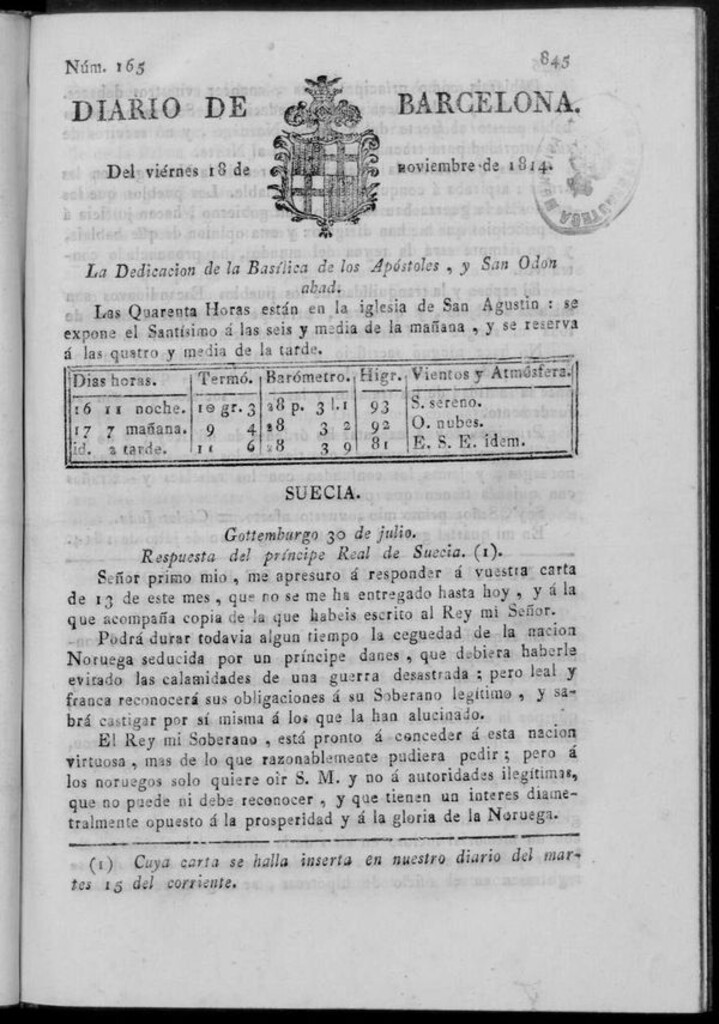 Miniatura de Diario de Barcelona del viernes 18 de noviembre de 1814