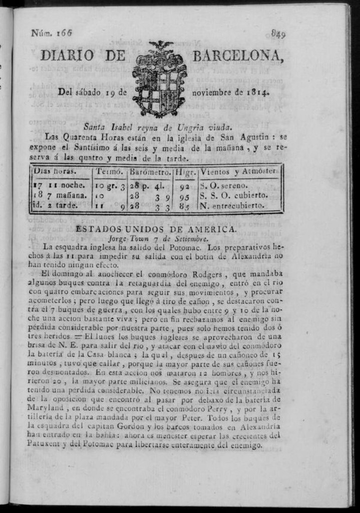 Miniatura de Diario de Barcelona del sábado 19 de noviembre de 1814