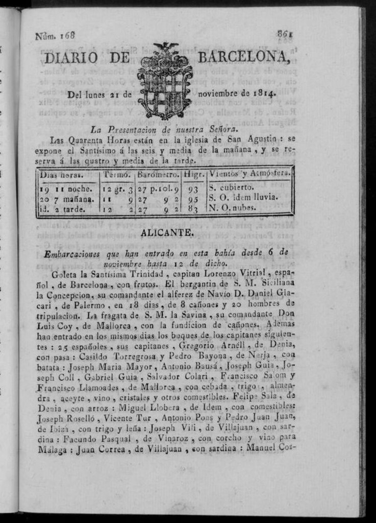 Miniatura de Diario de Barcelona del lunes 21 de noviembre de 1814