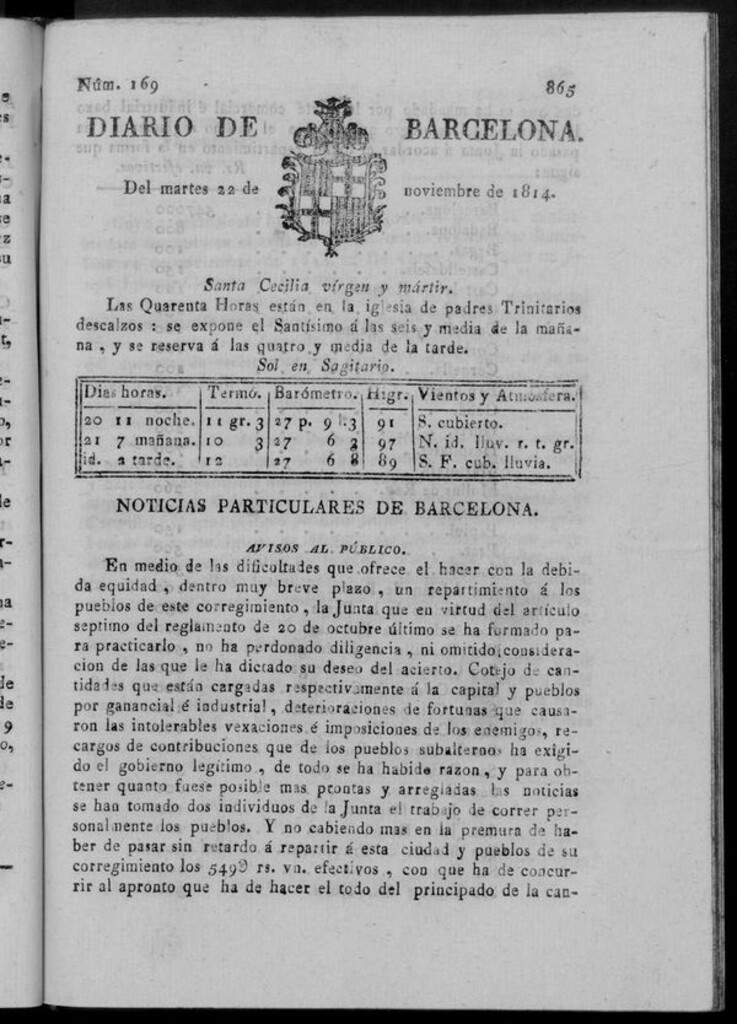 Miniatura de Diario de Barcelona del martes 22 de noviembre de 1814