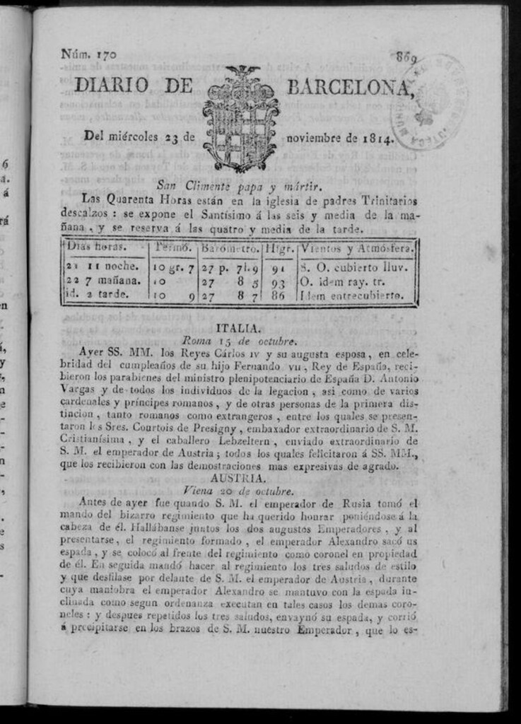 Miniatura de Diario de Barcelona del miércoles 23 de noviembre de 1814