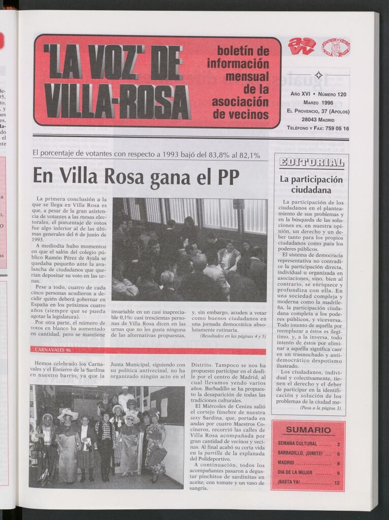 Miniatura de La Voz de Villa-Rosa: boletín informativo mensual de la asociación de vecinos, nº120 de marzo de 1996