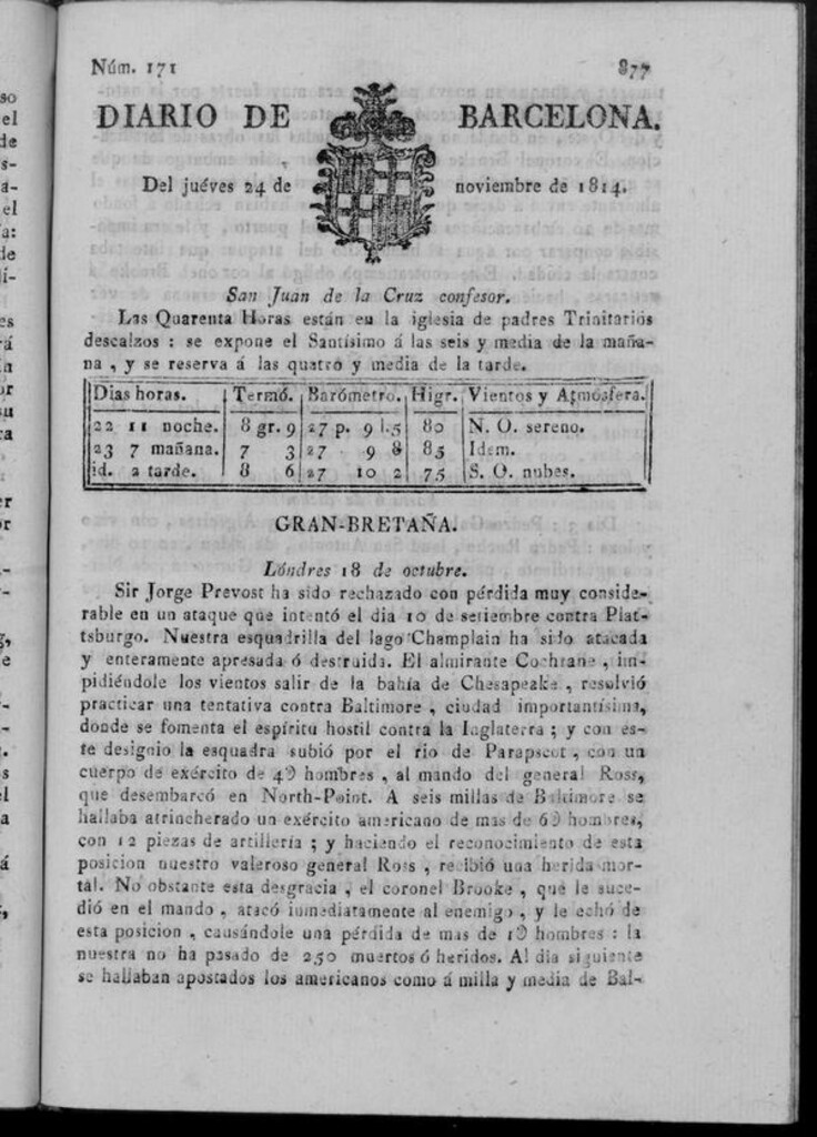 Miniatura de Diario de Barcelona del jueves 24 de noviembre de 1814