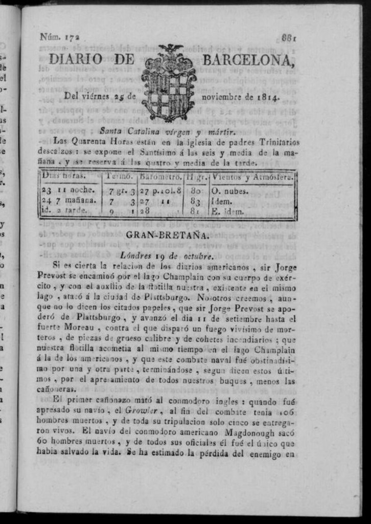 Miniatura de Diario de Barcelona del viernes 25 de noviembre de 1814