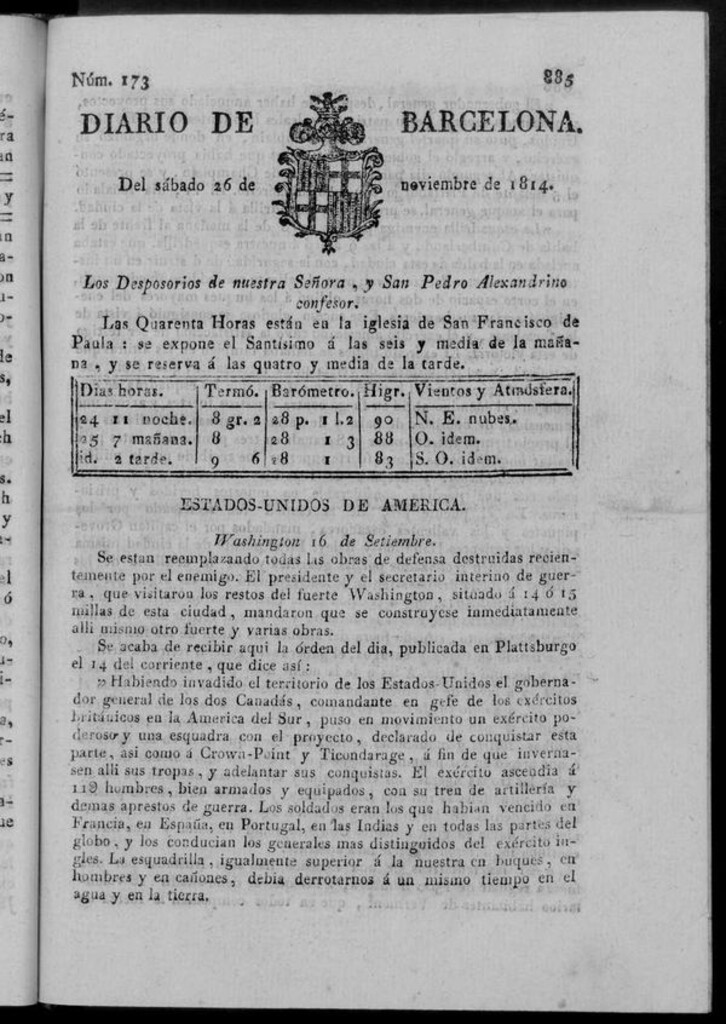Miniatura de Diario de Barcelona del sábado 26 de noviembre de 1814