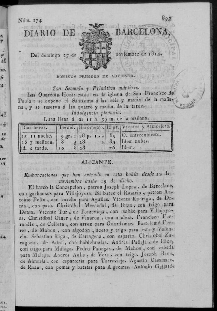 Miniatura de Diario de Barcelona del domingo 27 de noviembre de 1814