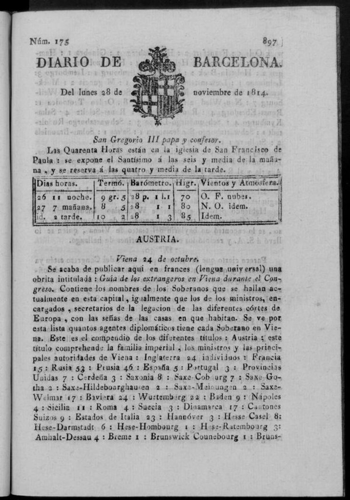 Miniatura de Diario de Barcelona del lunes 28 de noviembre de 1814