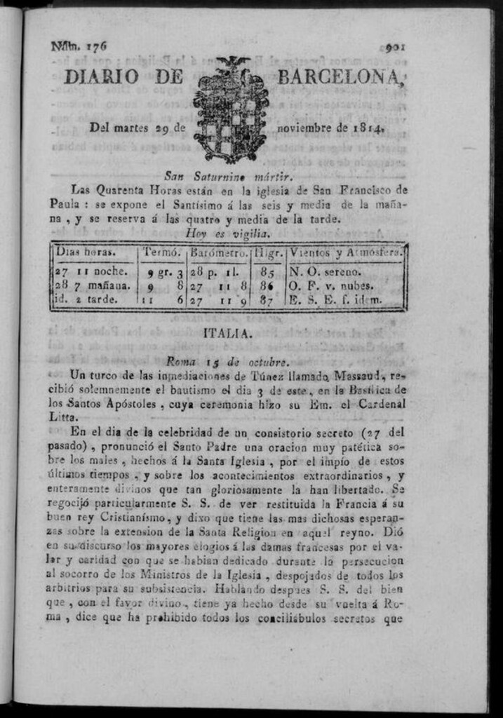 Miniatura de Diario de Barcelona del martes 29 de noviembre de 1814