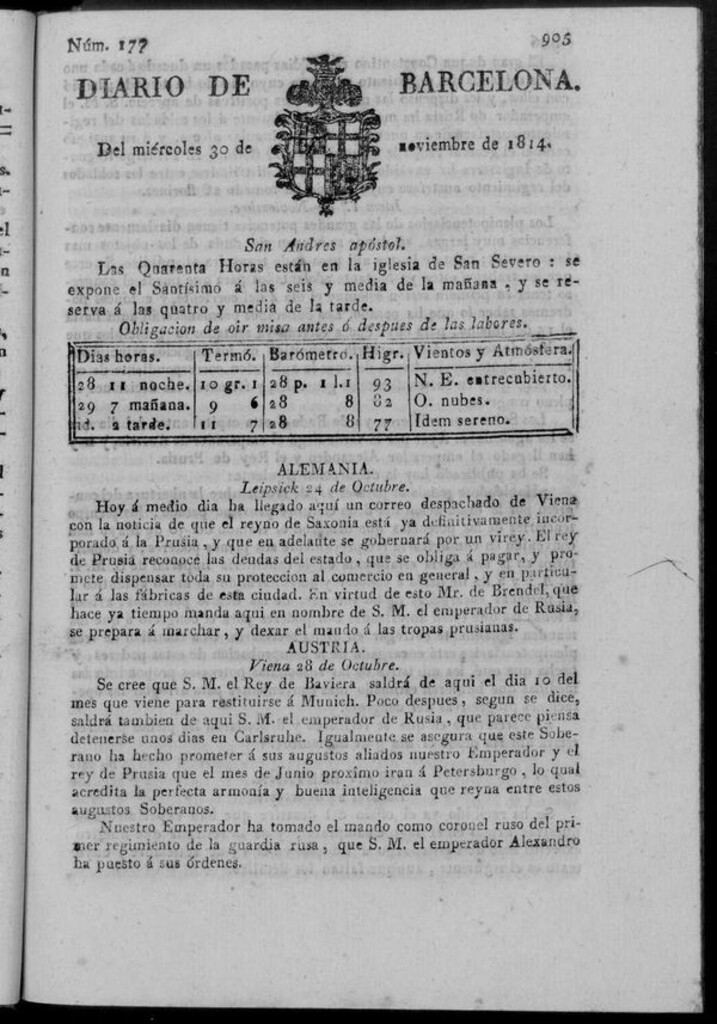 Miniatura de Diario de Barcelona del miércoles 30 de noviembre de 1814