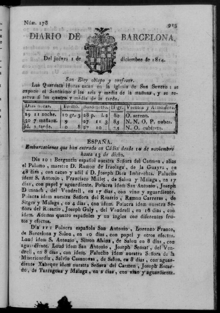 Miniatura de Diario de Barcelona del jueves 1 de diciembre de 1814