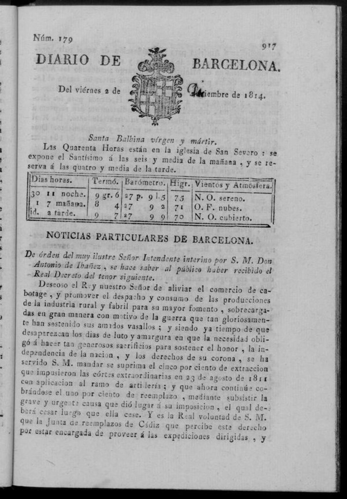Miniatura de Diario de Barcelona del viernes 2 de diciembre de 1814