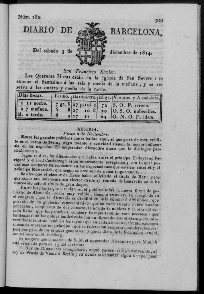 Miniatura de Diario de Barcelona del sábado 3 de diciembre de 1814