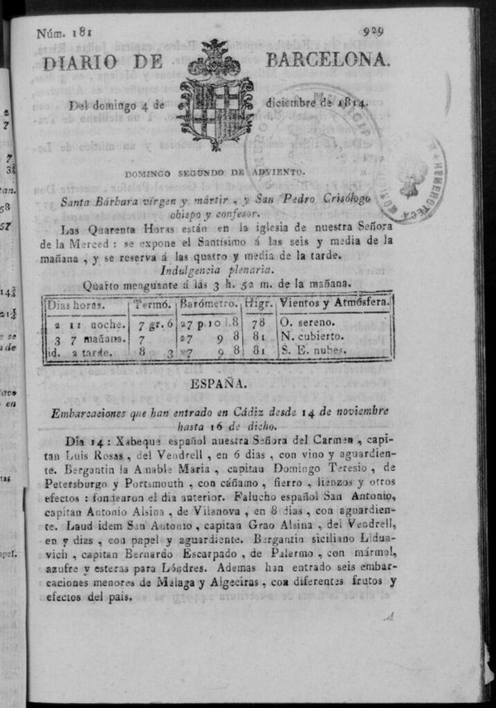 Miniatura de Diario de Barcelona del domingo 4 de diciembre de 1814