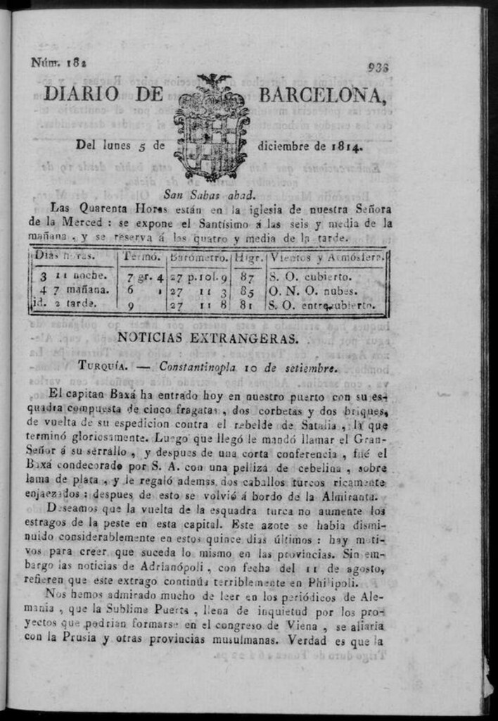 Miniatura de Diario de Barcelona del lunes 5 de diciembre de 1814