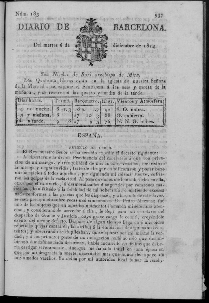 Miniatura de Diario de Barcelona del martes 6 de diciembre de 1814
