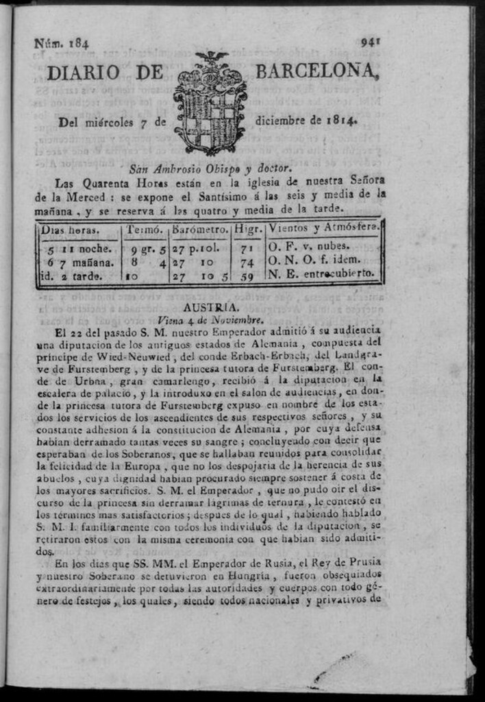 Miniatura de Diario de Barcelona del miércoles 7 de diciembre de 1814