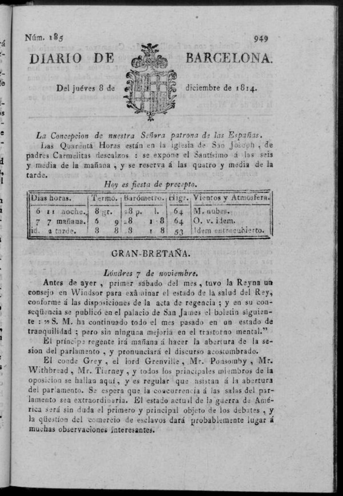 Miniatura de Diario de Barcelona del jueves 8 de diciembre de 1814