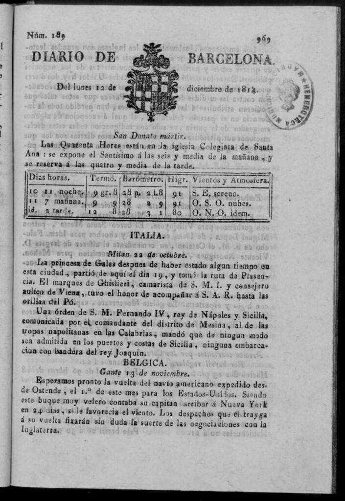 Miniatura de Diario de Barcelona del lunes 12 de diciembre de 1814