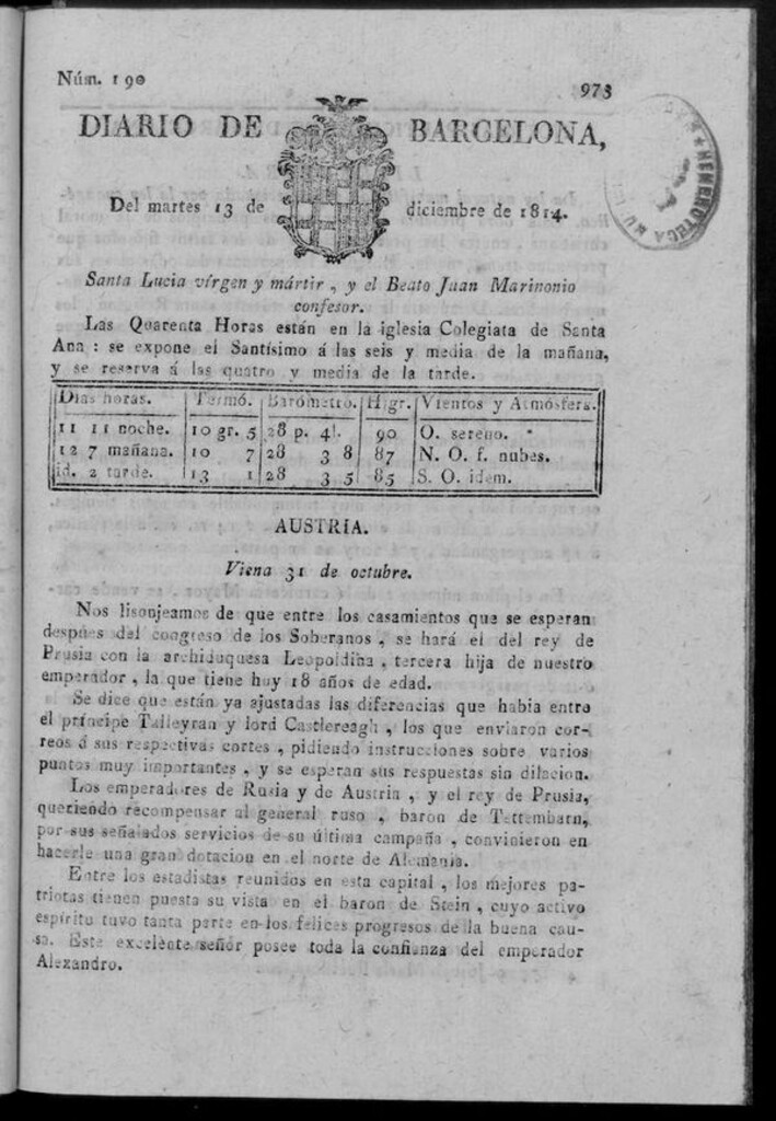 Miniatura de Diario de Barcelona del martes 13 de diciembre de 1814