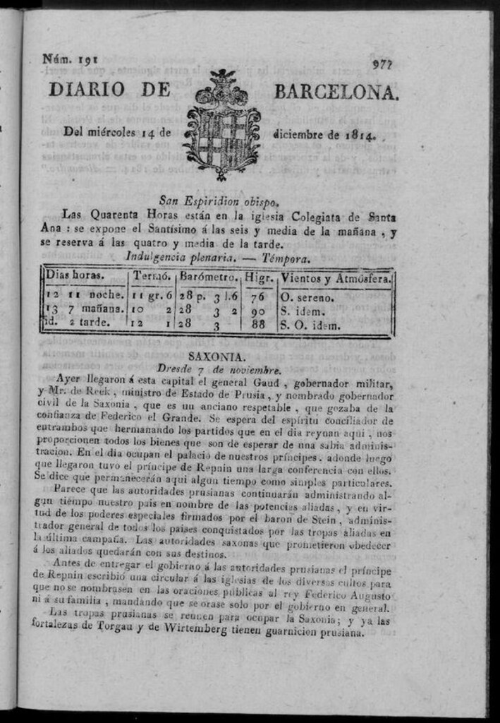 Miniatura de Diario de Barcelona del miércoles 14 de diciembre de 1814
