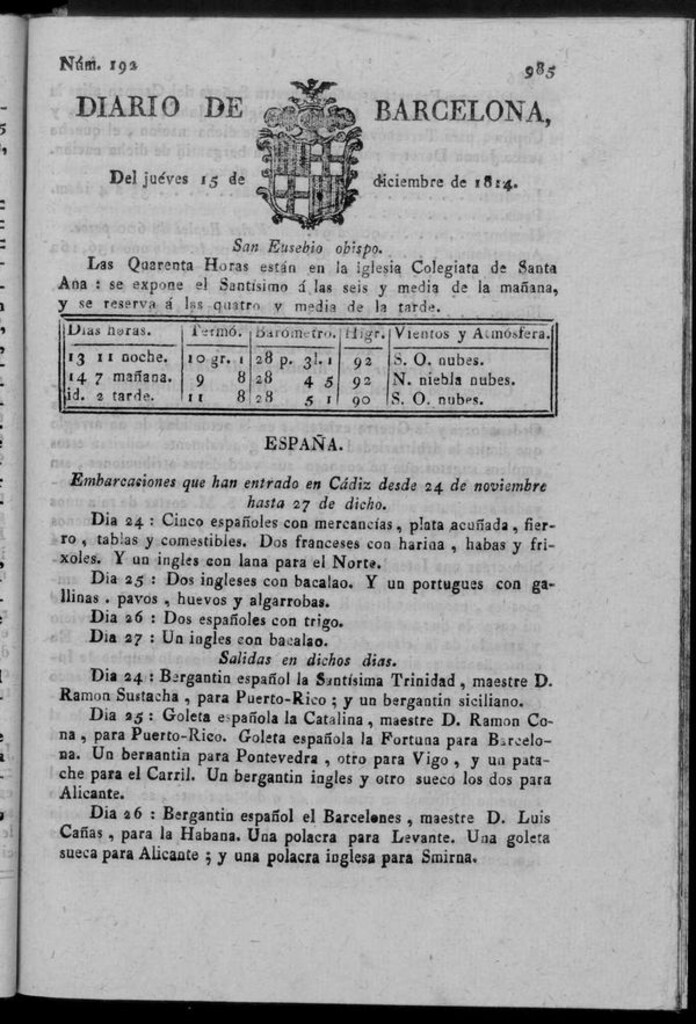 Miniatura de Diario de Barcelona del jueves 15 de diciembre de 1814