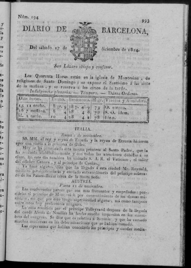 Miniatura de Diario de Barcelona del sábado 17 de diciembre de 1814