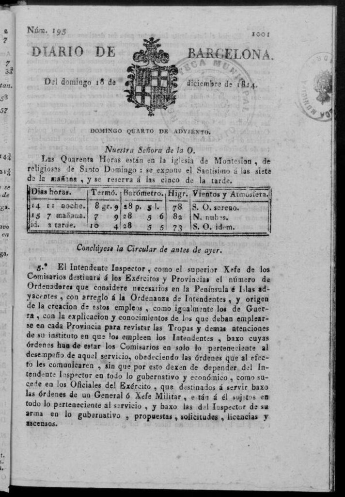 Miniatura de Diario de Barcelona del domingo 18 de diciembre de 1814