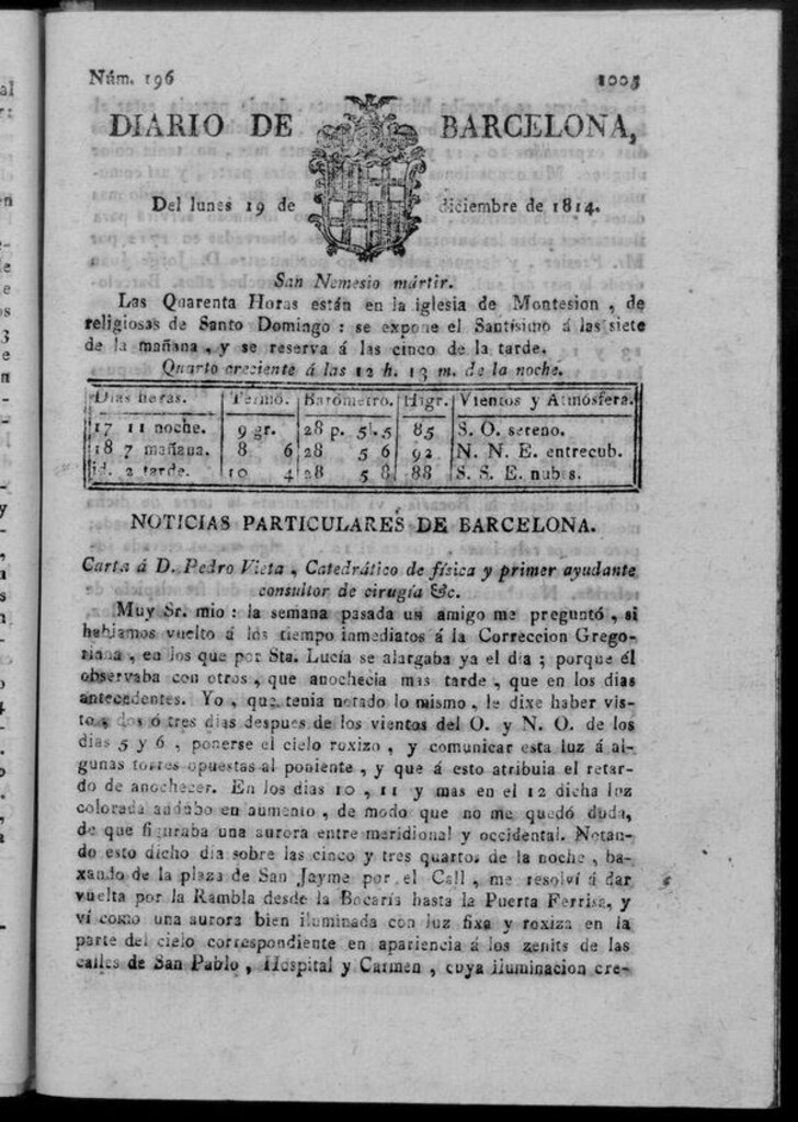 Miniatura de Diario de Barcelona del lunes 19 de diciembre de 1814