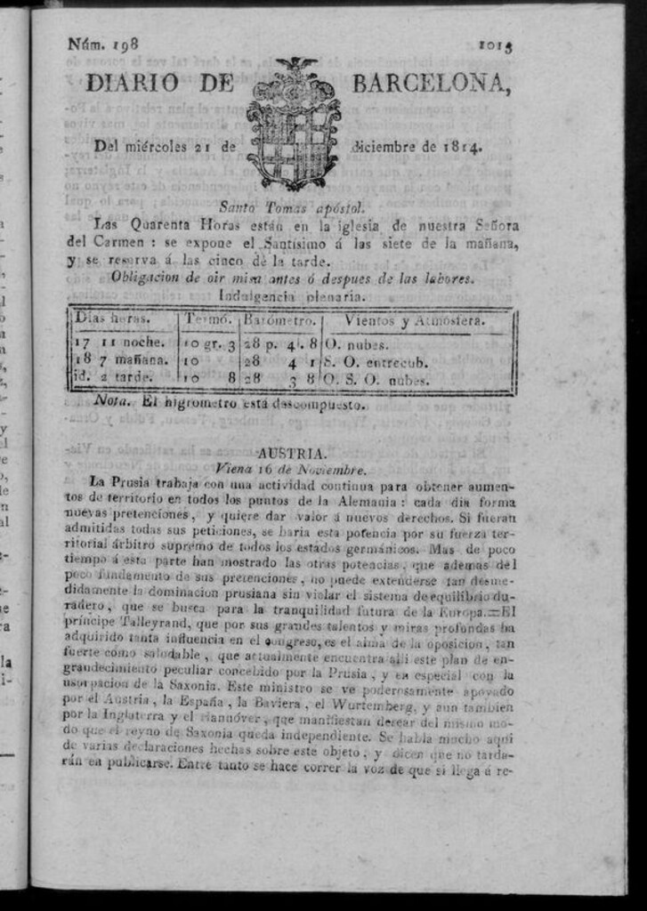 Miniatura de Diario de Barcelona del miércoles 21 de diciembre de 1814