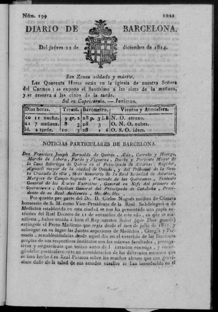 Miniatura de Diario de Barcelona del jueves 22 de diciembre de 1814
