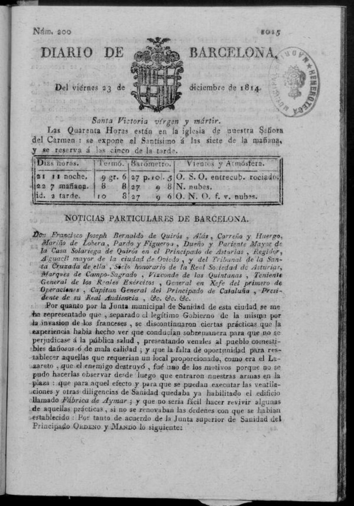 Miniatura de Diario de Barcelona del viernes 23 de diciembre de 1814
