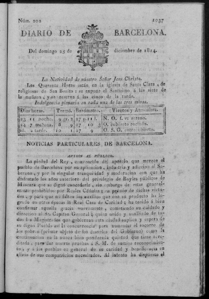 Miniatura de Diario de Barcelona del domingo 25 de diciembre de 1814