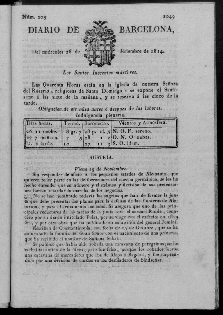 Miniatura de Diario de Barcelona del miércoles 28 de diciembre de 1814