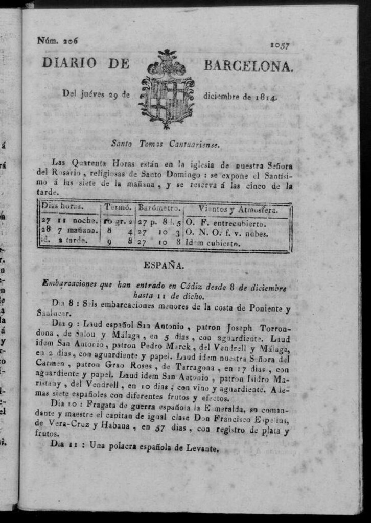 Miniatura de Diario de Barcelona del jueves 29 de diciembre de 1814