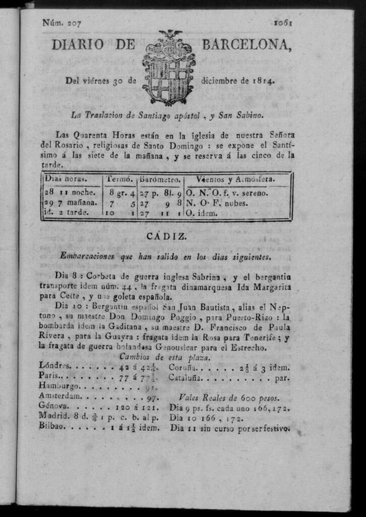 Miniatura de Diario de Barcelona del viernes 30 de diciembre de 1814