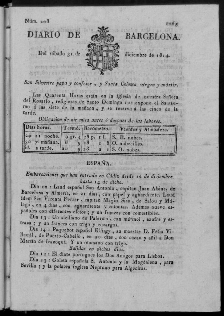 Miniatura de Diario de Barcelona del sábado 31 de diciembre de 1814