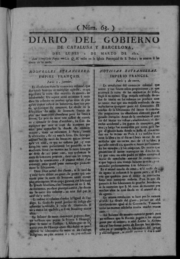 Miniatura de Diario de Barcelona del lunes 2 marzo de 1812