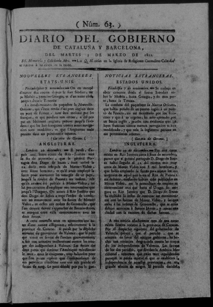 Miniatura de Diario de Barcelona del martes 3 marzo de 1812