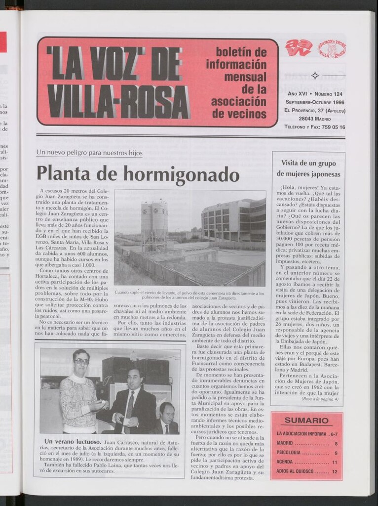 Miniatura de La Voz de Villa-Rosa: boletín informativo mensual de la asociación de vecinos, nº124 de septiembre-octubre de 1996