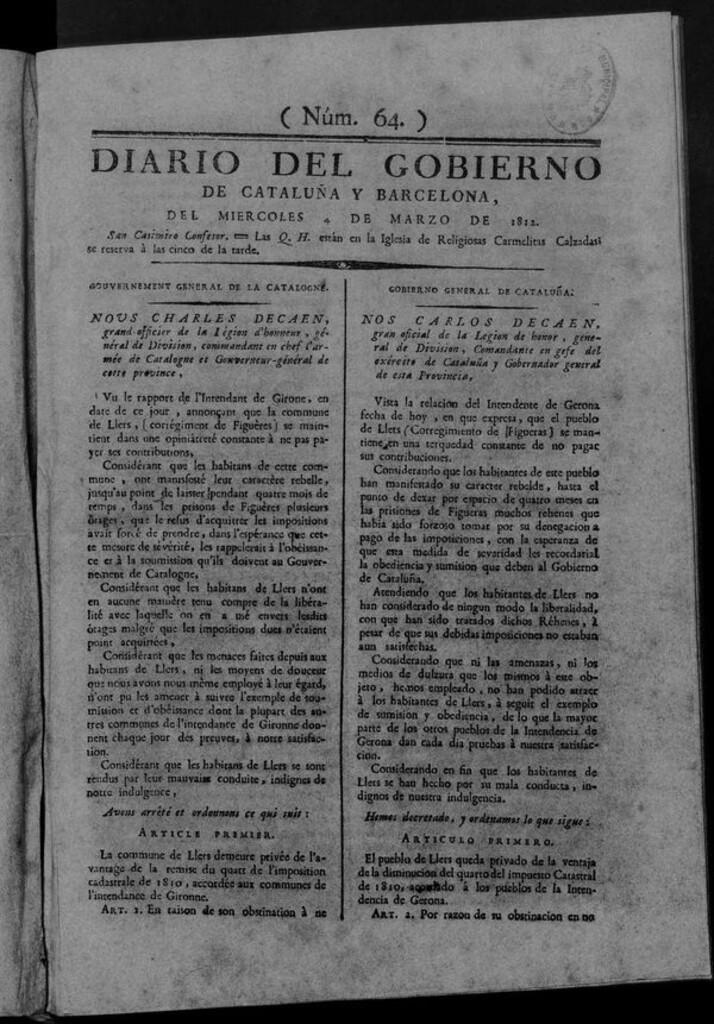 Miniatura de Diario de Barcelona del miércoles 4 marzo de 1812