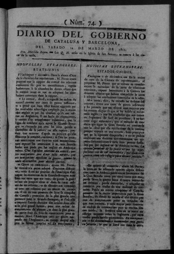 Miniatura de Diario de Barcelona del sábado 14 marzo de 1812