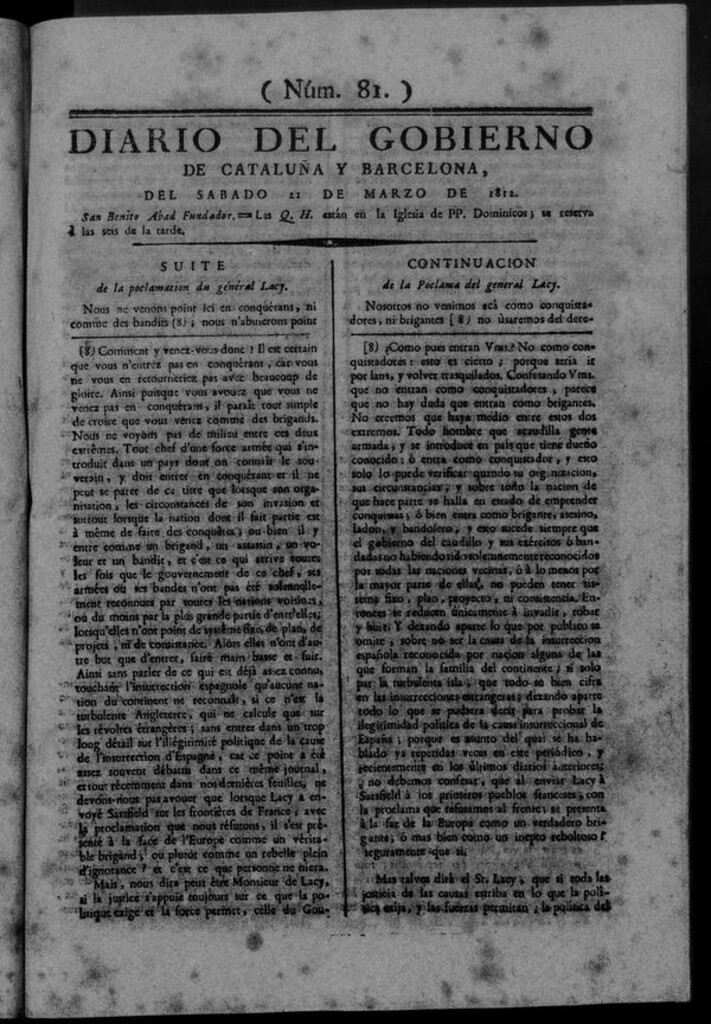 Miniatura de Diario de Barcelona del sábado 21 de marzo de 1812
